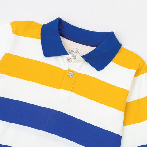 Camiseta Manga Larga Tipo Polo Para Niño En Tela Suave Color Azul Con Rayas