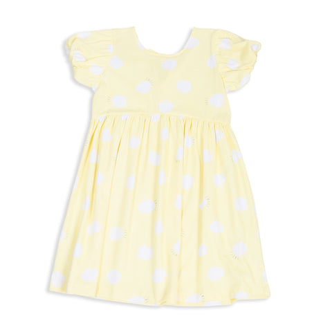 Vestido para bebé niña en licra color amarillo con estampado de pepas blancas