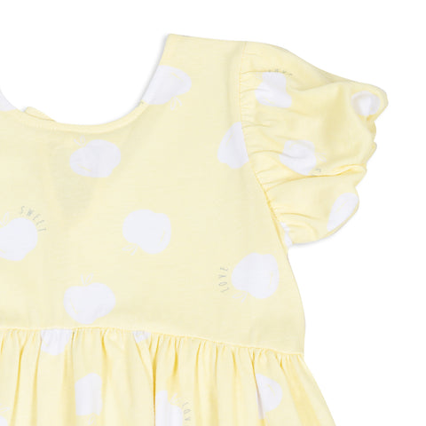 Vestido para bebé niña en licra color amarillo con estampado de pepas blancas