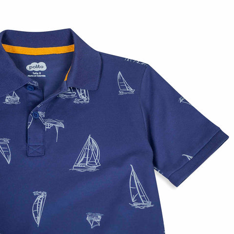 Camiseta tipo polo para niño en algodón color azul