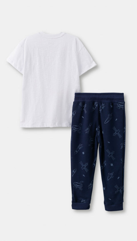Conjunto de camisetas y jogger para bebé niño en tela suave color azul navy con blanco