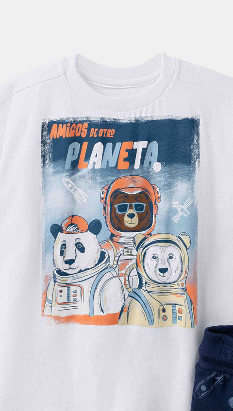 Conjunto de camisetas y jogger para bebé niño en tela suave color azul navy con blanco