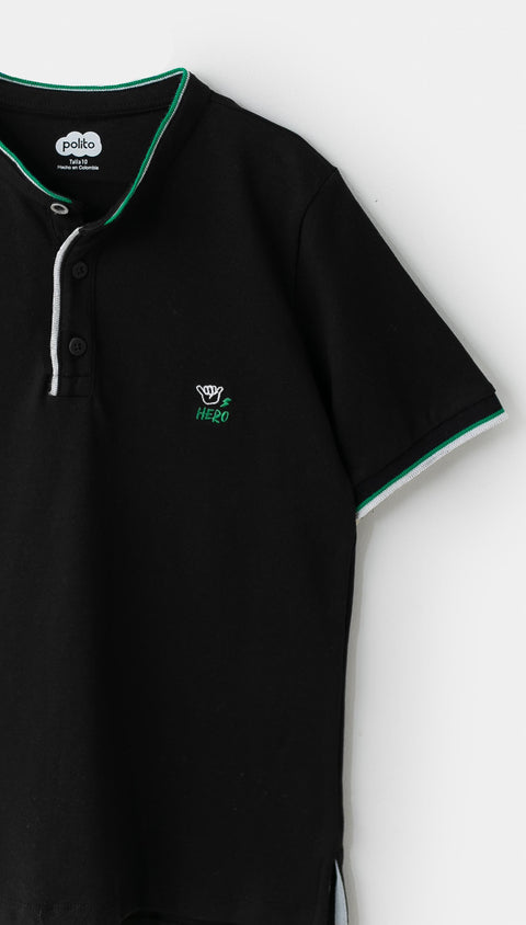 Camiseta tipo henley para niño en algodón color negro