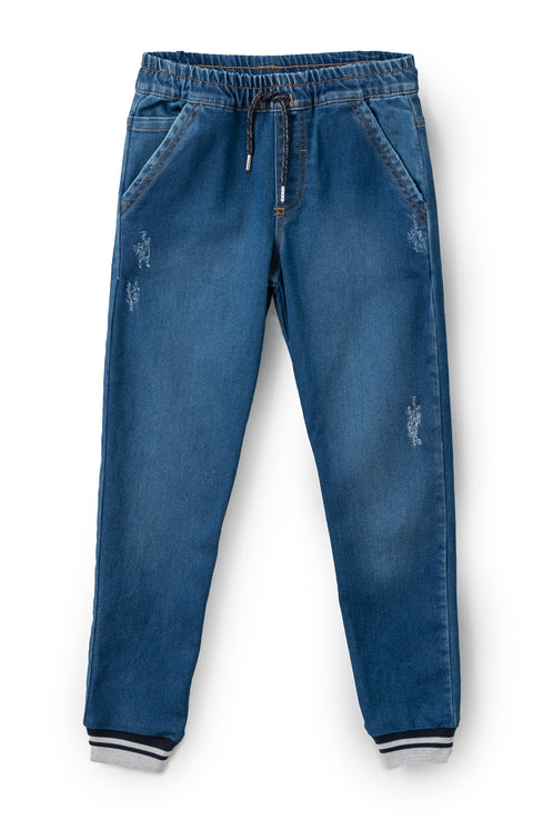 Jean Tipo Jogger Para Niño En Denim Color Índigo Con Ligeros Desgastes