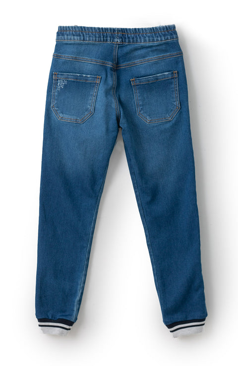 Jean Tipo Jogger Para Niño En Denim Color Índigo Con Ligeros Desgastes