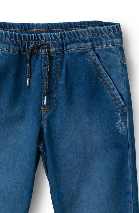 Jean Tipo Jogger Para Niño En Denim Color Índigo Con Ligeros Desgastes