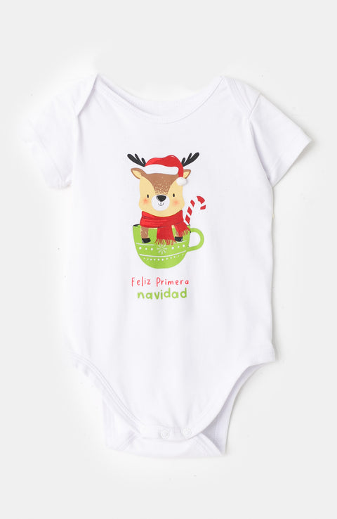 Body Navidad unisex en tela suave color blanco