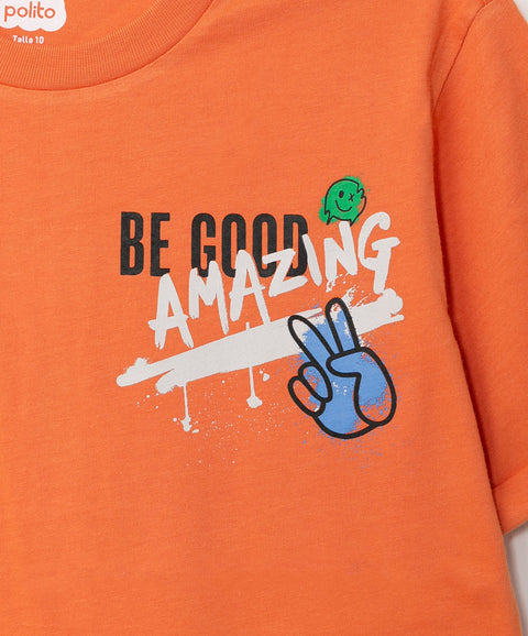 Camiseta manga corta para niño en tela suave color naranja