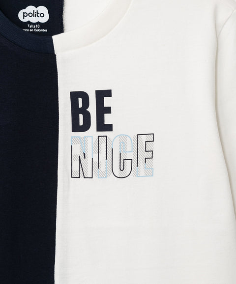 Camiseta manga corta para niño en tela suave color azul y marfil