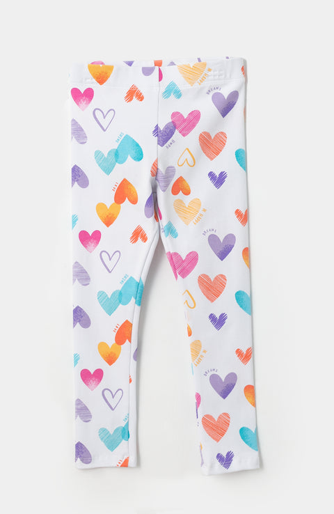 Leggings para bebé niña en licra color blanco con estampado de corazones