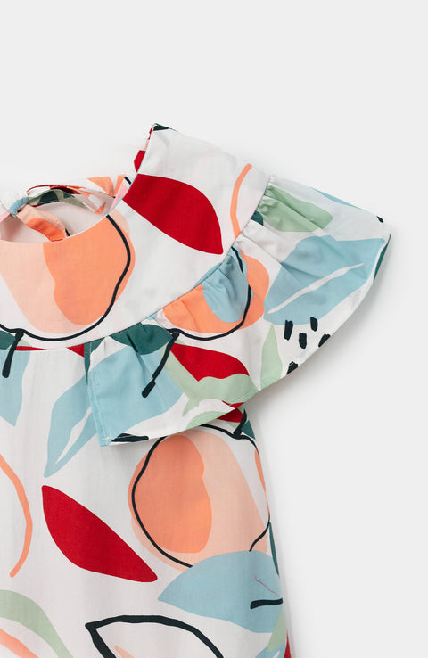 Vestido para niña en popelina color blanco con estampado de plantas