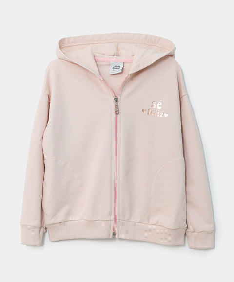 Buzo con chompa para bebé niña en burda color rosado con estampado brillante