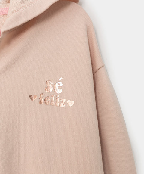 Buzo con chompa para bebé niña en burda color rosado con estampado brillante