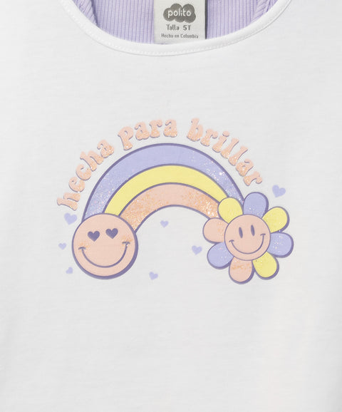 Camiseta sobrepuesta para bebé niña en licra color blanco con lila