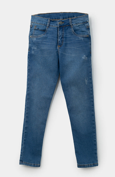 Jean Bota Recta Para Niño En Denim Color Índigo Con Desgaste Suave