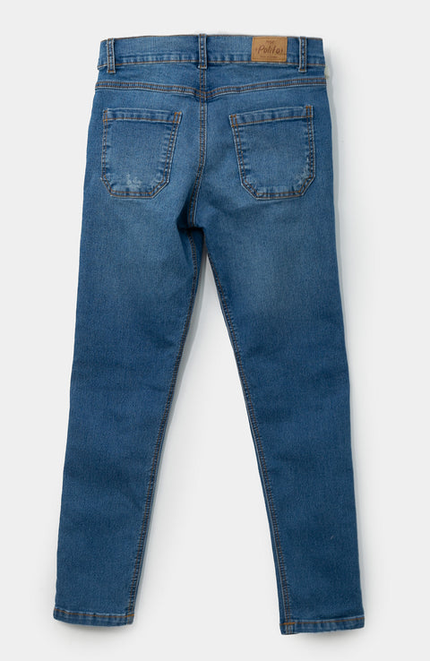 Jean Bota Recta Para Niño En Denim Color Índigo Con Desgaste Suave