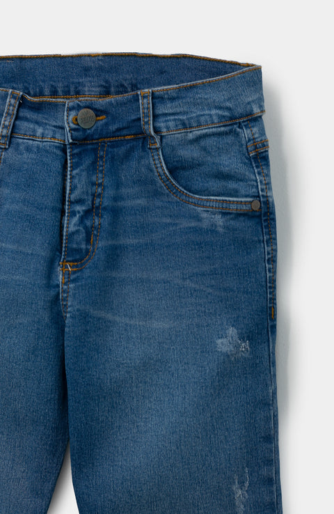 Jean Bota Recta Para Niño En Denim Color Índigo Con Desgaste Suave