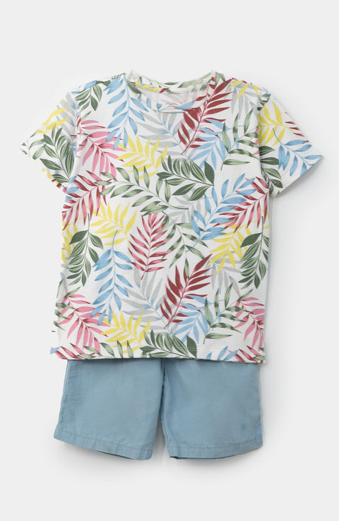 Conjunto de camiseta y bermuda para bebé niño en tela suave y twill color azul medio