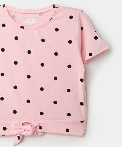 Blusa manga corta para niña en licra color rosado con estampado de puntos negros