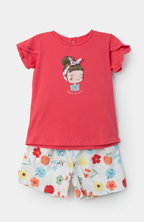 Conjunto de short con blusa para bebé niña en licra color fresa
