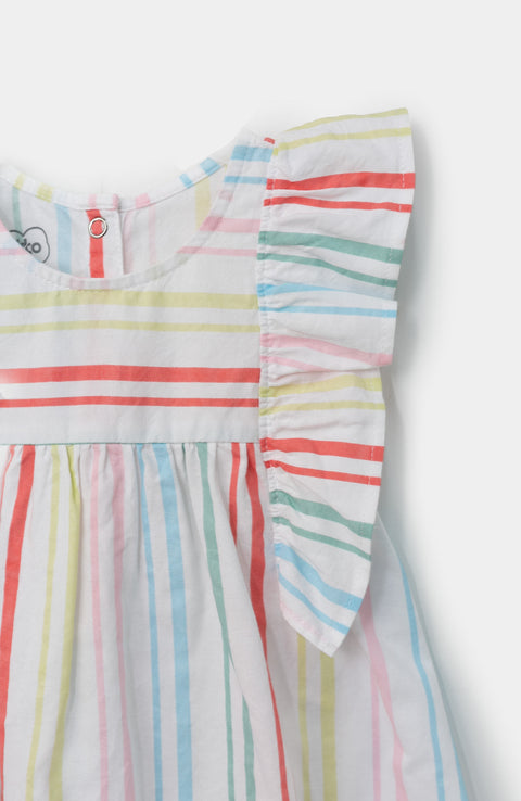 Mameluco para recién nacida en popelina color marfil y rayas de colores