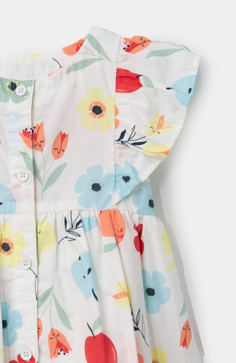 Vestido para recién nacida en popelina color blanco con estampado de flores