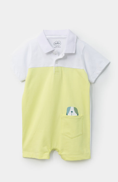 Mameluco tipo polo para recién nacido en algodón color lima con blanco