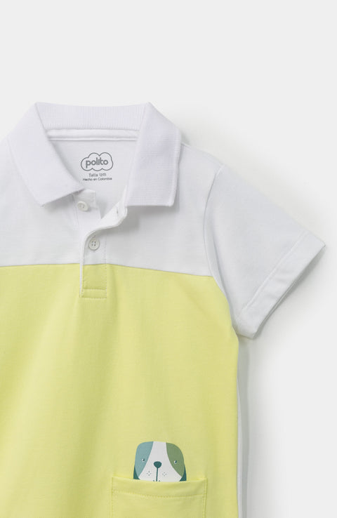 Mameluco tipo polo para recién nacido en algodón color lima con blanco