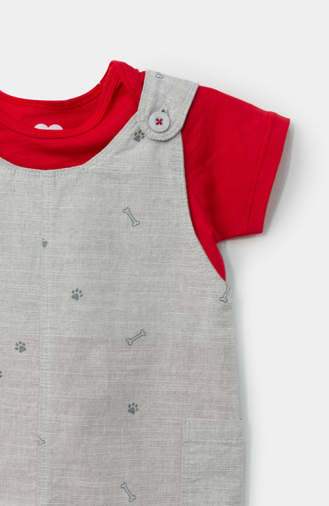 Conjunto de overol y camiseta para recién nacido en algodón color gris y fresa