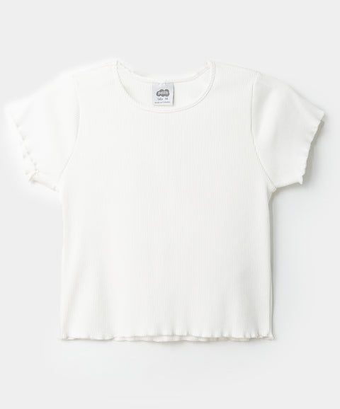 Camiseta manga corta para niña en rib color marfil