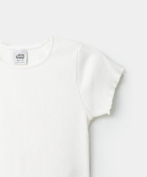 Camiseta manga corta para niña en rib color marfil