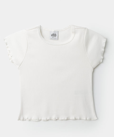 Camiseta manga corta para niña en rib color marfil