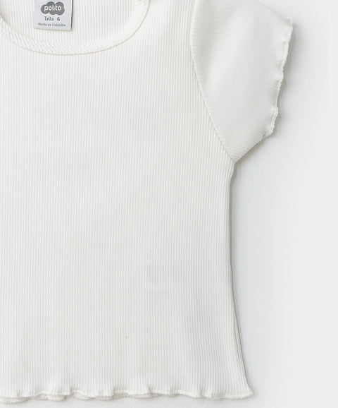 Camiseta manga corta para niña en rib color marfil