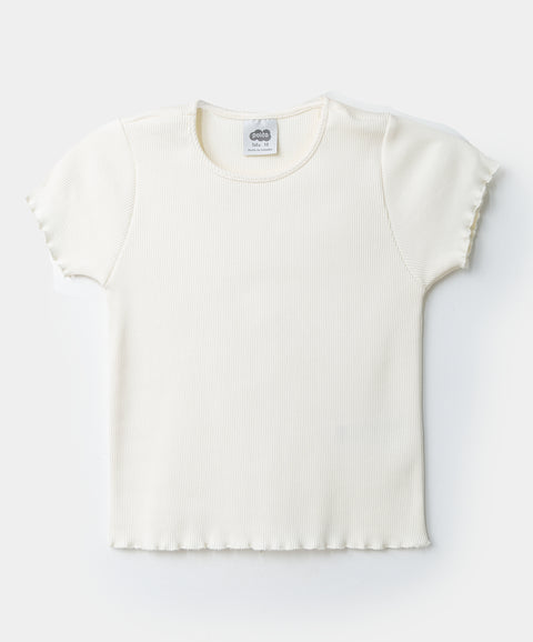 Camiseta manga corta para niña en rib color marfil