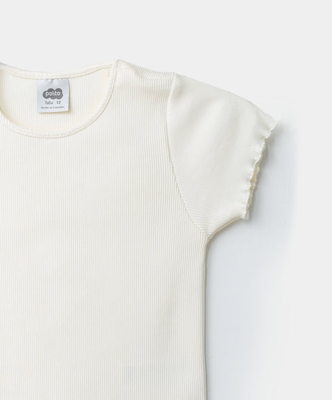Camiseta manga corta para niña en rib color marfil