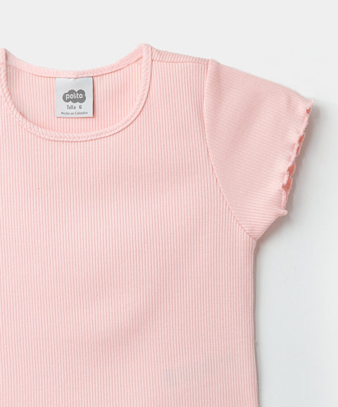 Camiseta manga corta para niña en rib color rosado