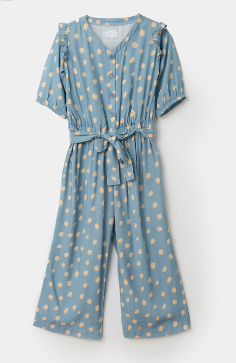 Enterizo para bebé niña en popelina color azul con estampado de animal print
