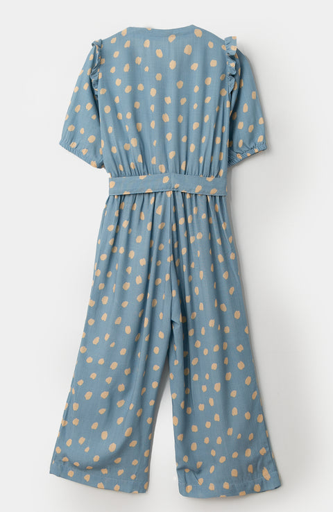 Enterizo para bebé niña en popelina color azul con estampado de animal print