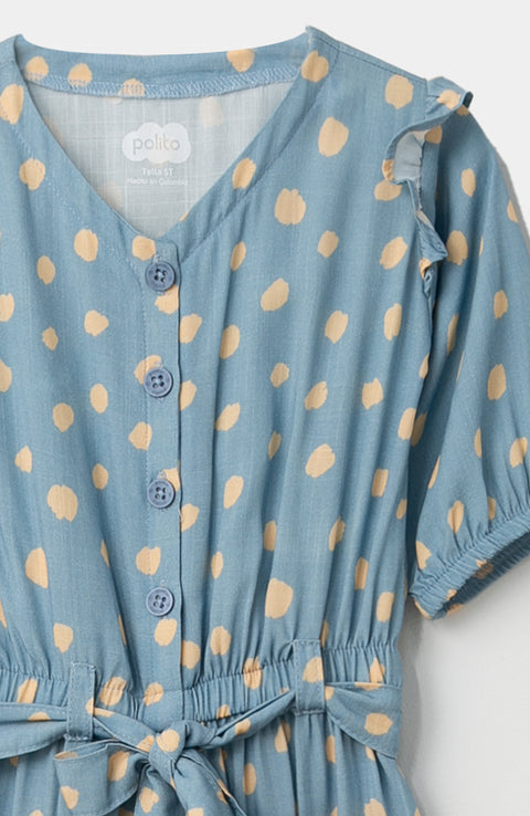 Enterizo para bebé niña en popelina color azul con estampado de animal print