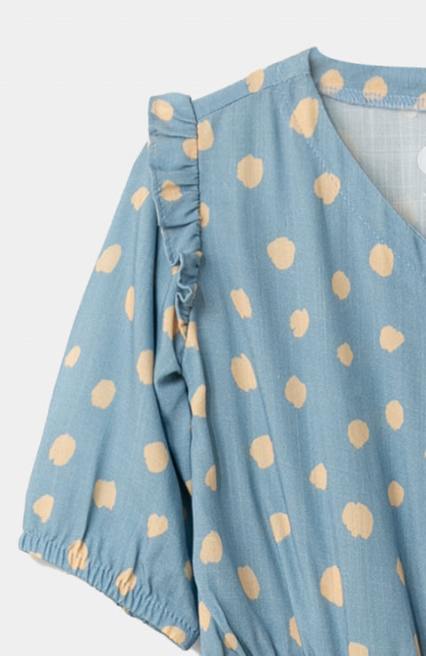 Enterizo para bebé niña en popelina color azul con estampado de animal print