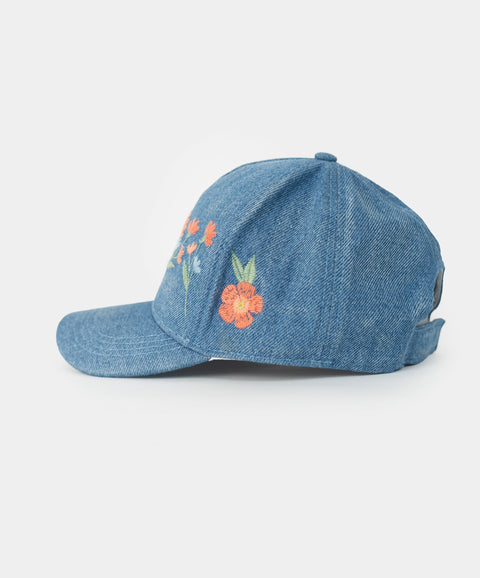Gorra para niña color índigo con flores bordadas
