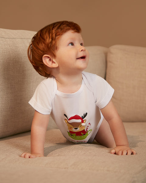Body Navidad unisex en tela suave color blanco