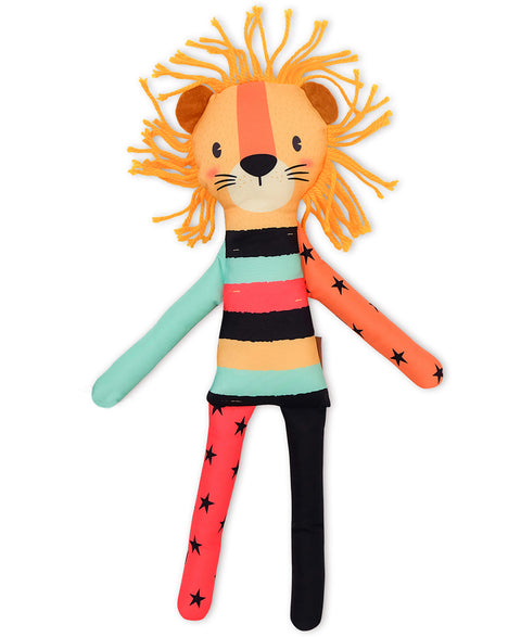 Peluche de león en tela suave color aqua con tonos amarillos
